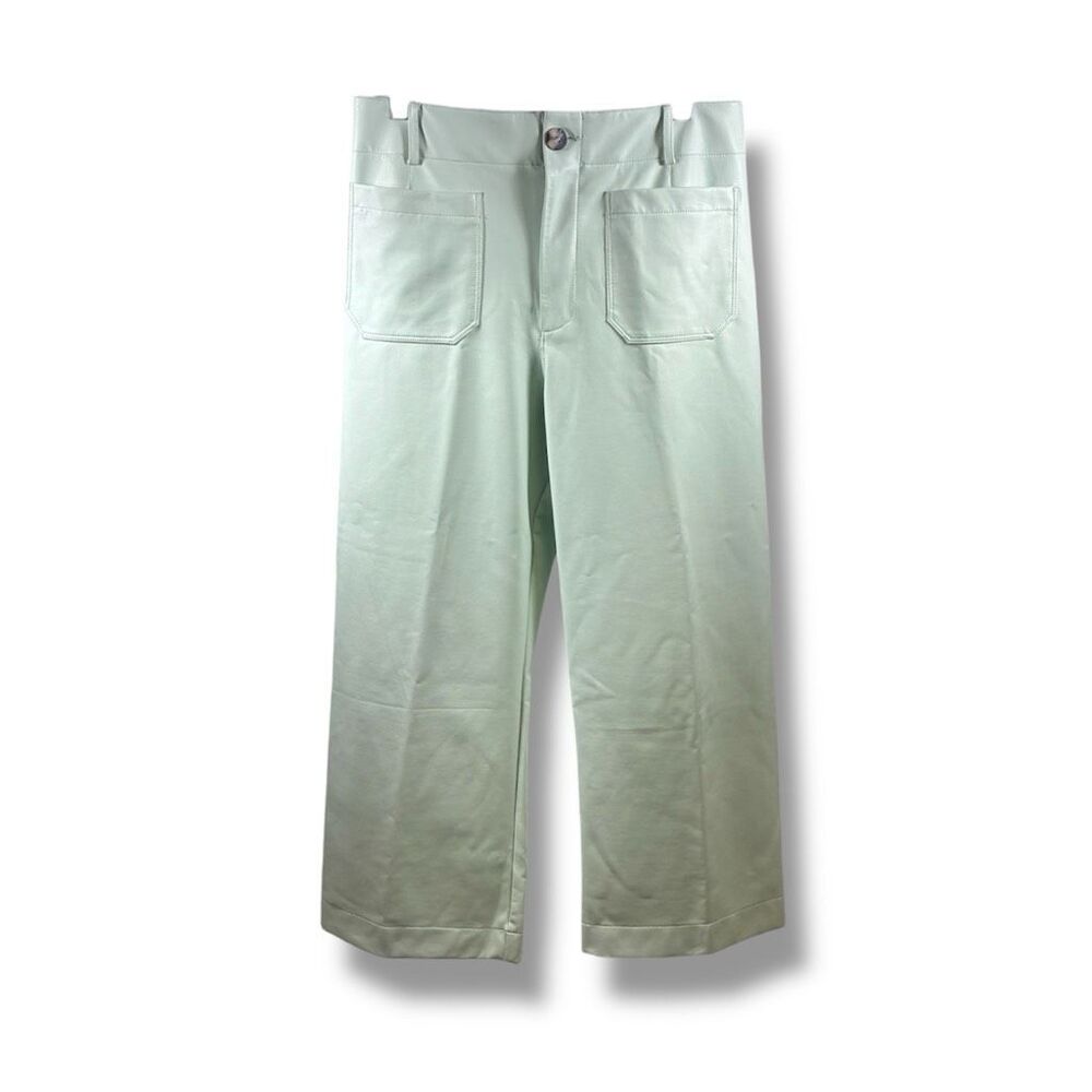 Maeve Anthropologie The Colette Faux Leather Flare Pants in Light Green Size 31